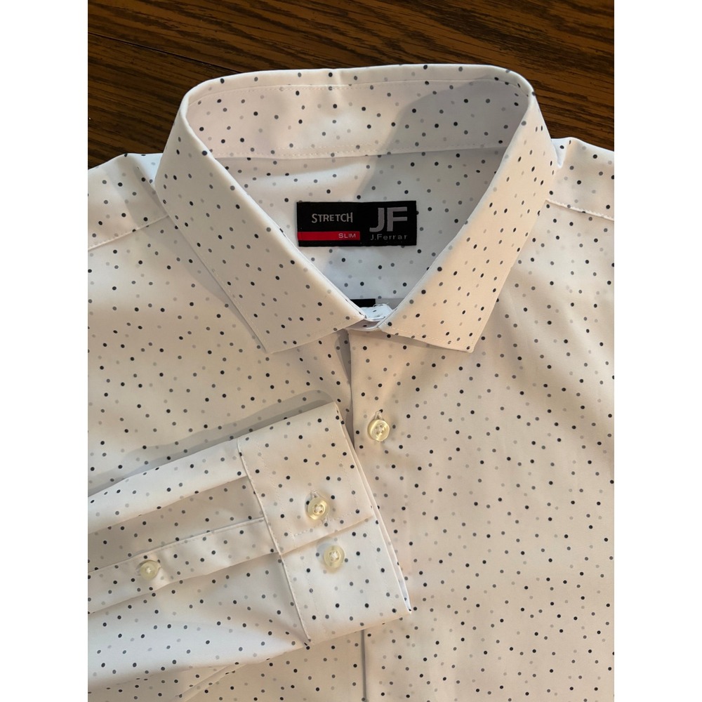 J.Ferrar Men Dress Shirt Slim Fit Stretch Large 16-16.5 White Polka Dot Long Slv